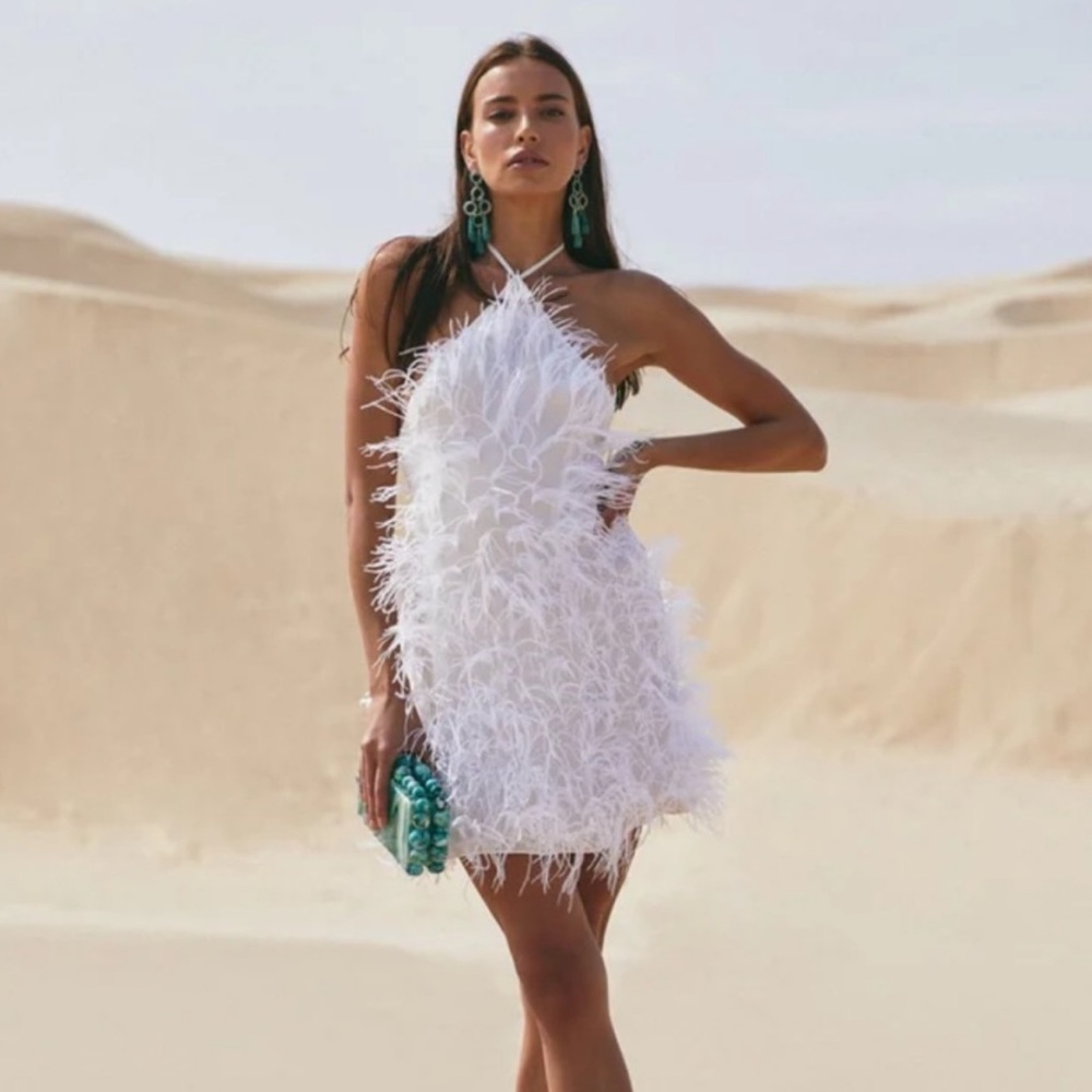 Cult Gaia Vale Shannon White Bridal Mini Dress Feather